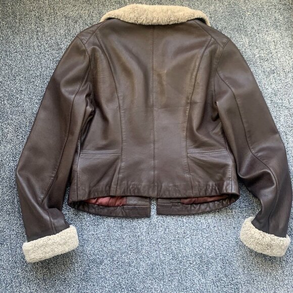 Tahari Shearling Aviator Jacket Women Size S-M Brown Genuine Leather & Lamb‎ Fur - Picture 7 of 11